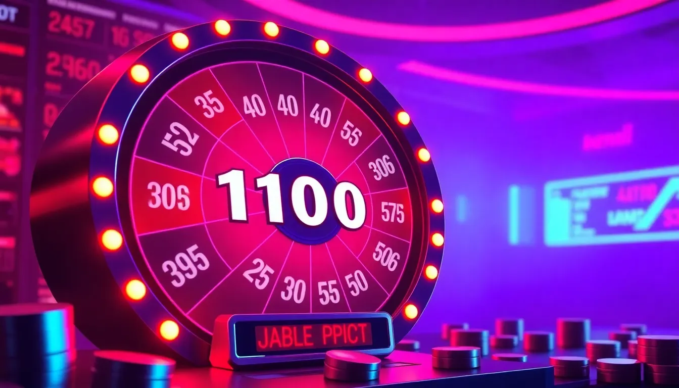 Casino slot bonus screen with dynamic jackpot wheel glowing in crimson and violet hues with huge multiplier payout values displayed