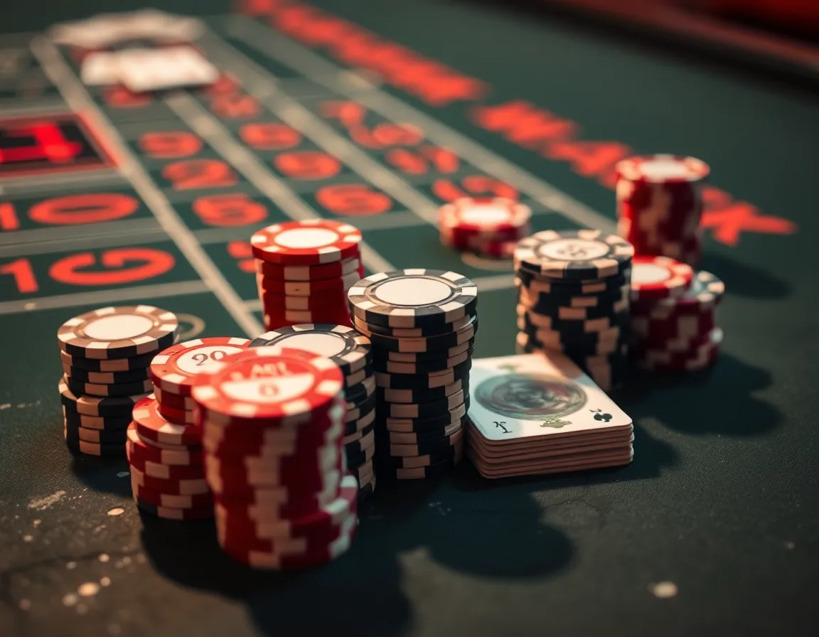 Dramatic close up of a high-end luxury Casino blackjack table with numbered wagering chips stack of high denominations luxury cards concrete slab aesthetic dramatic red side lighting
