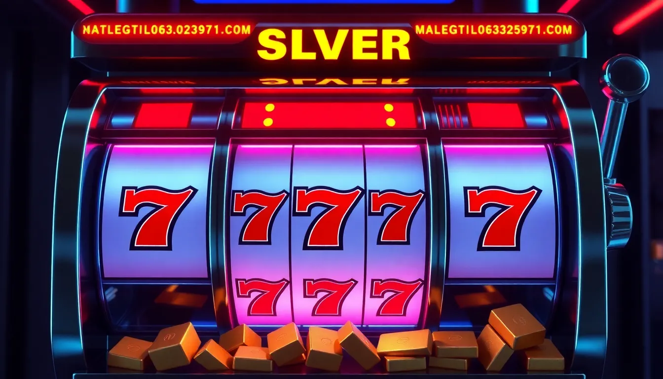 Futuristic mechanical 3-reel high stakes classic slot machine display with neon scarlet bars triple sevens and gold bullion bars