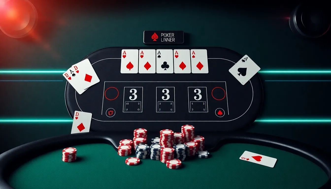 Intense online poker table UI layout with card hands pocket aces community board flop turn river and massive center chip pot