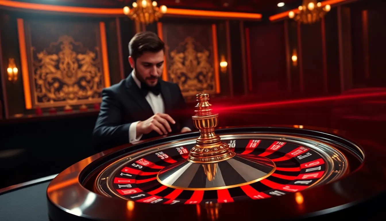 Live dealer in an elegant dark studio spinning a heavy solid brass European roulette wheel with glowing red laser tracking grid and live video stream interface