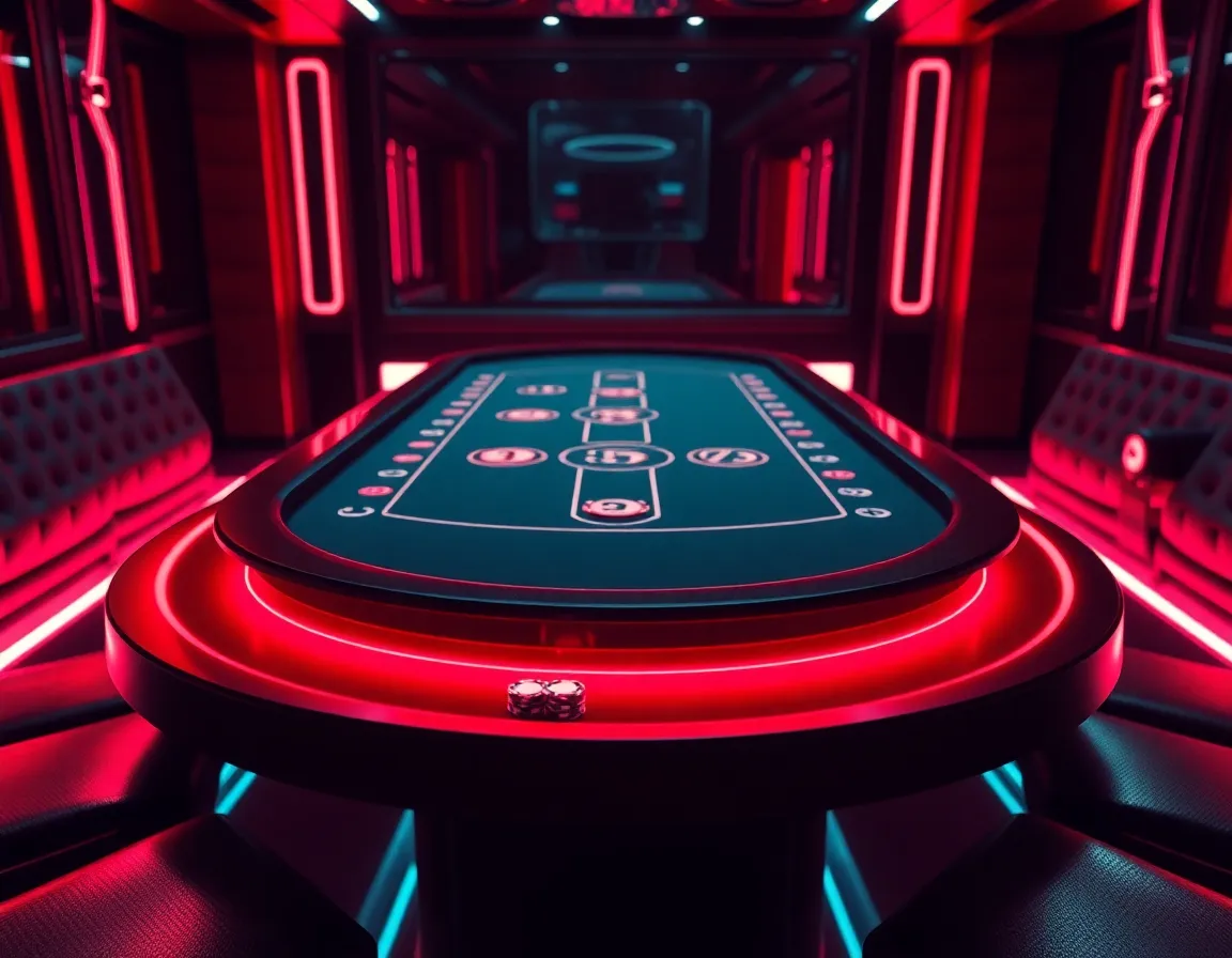 Luminescent futuristic casino card table with neon crimson accents and polished chips in a private VIP salon