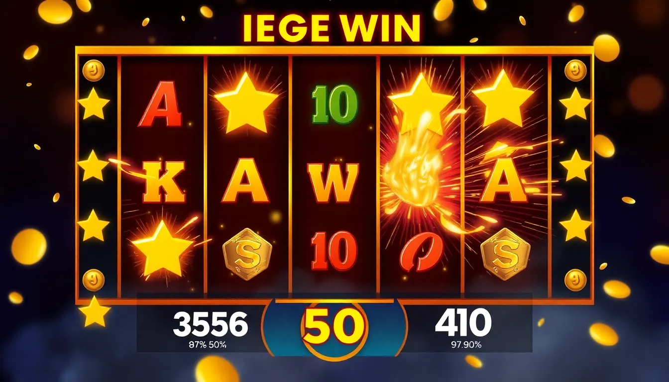 Online Slots gameplay interface showing spinning dynamic golden 5 reel grid with explosive Mega Win scatter symbols and multiplier counter