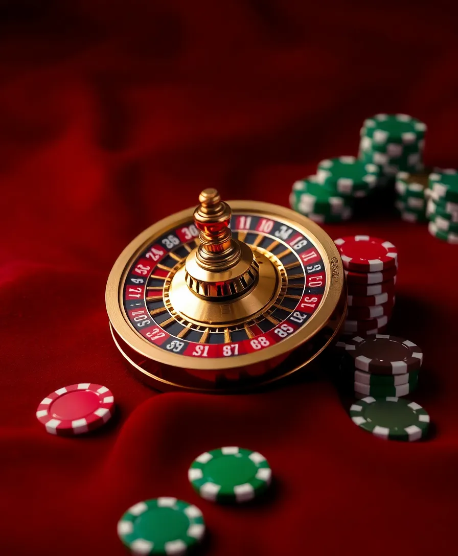 Precision machined mechanical roulette brass spinner and weighted casino chips on deep crimson velvet cloth