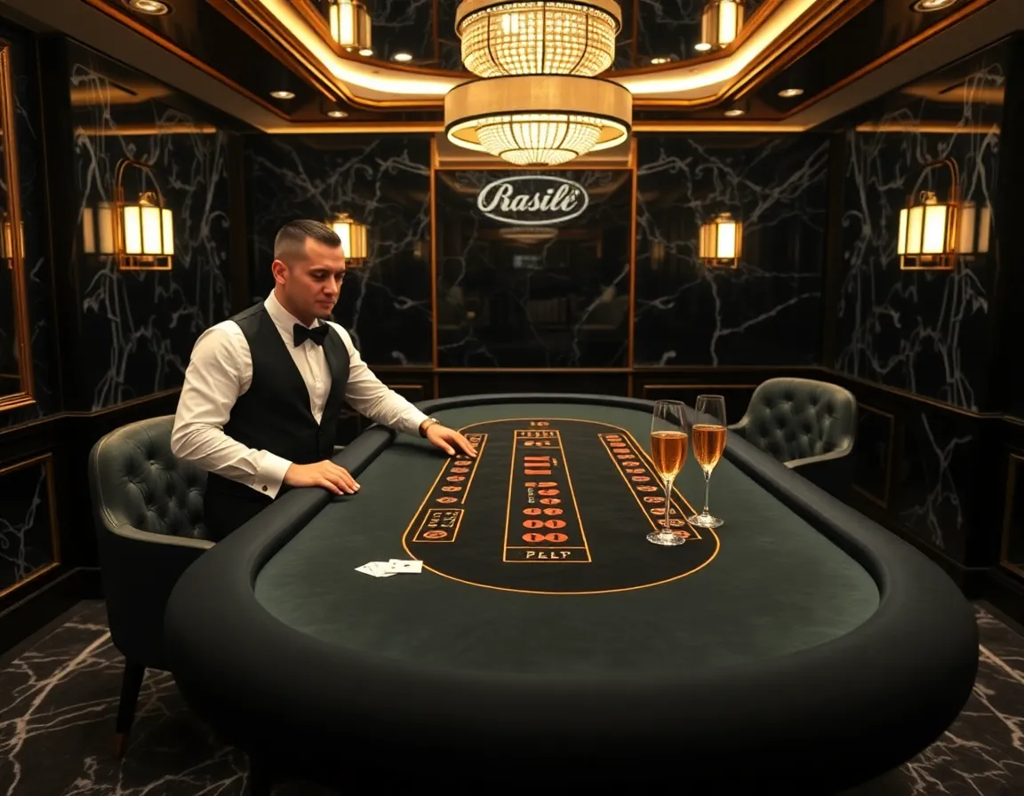 Private luxury VIP casino high stakes salon with dark marble surfaces personal dealer customized velvet blackjack table and private champagne service