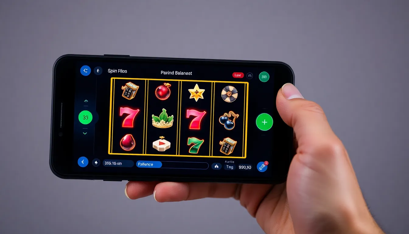 Smartphone held in hand displaying sleek dark online slots betting screen with glowing reel symbols and clear payout balance tally