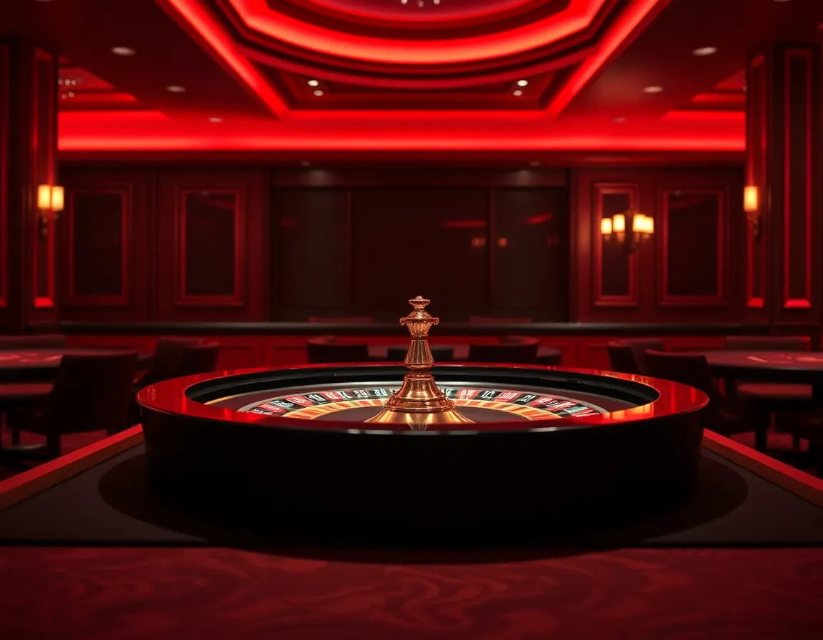 Ultra luxurious high-stakes roulette table bathed in moody ambient crimson light and brass accents, high resolution casino interior architecture